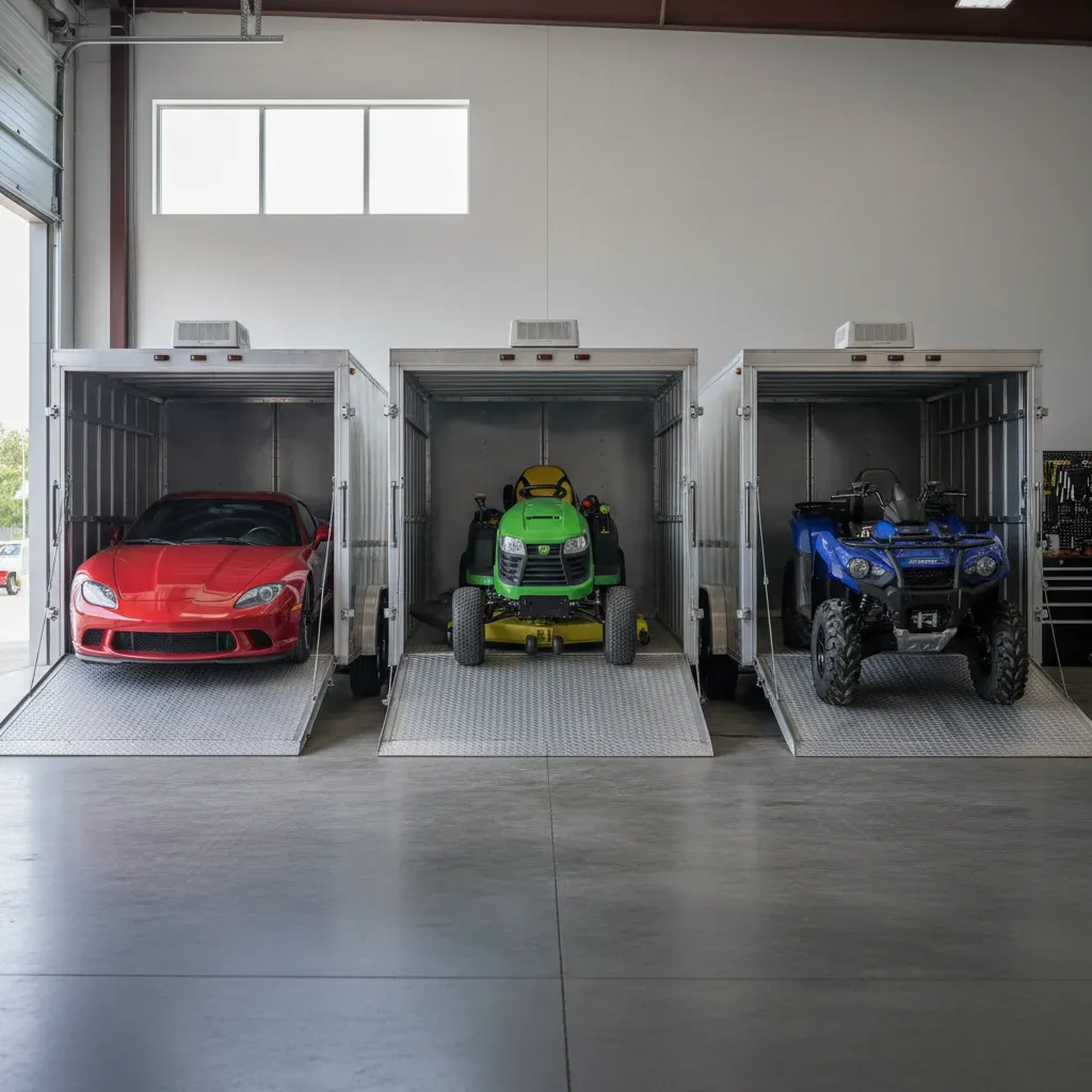 A red sports car, green lawn mower, and blue ATV parked in three separate trailer bays.