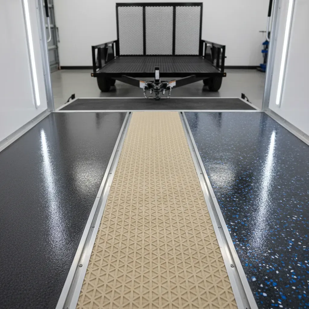 Interior view of a trailer showing textured flooring and a ramp leading to the outside.