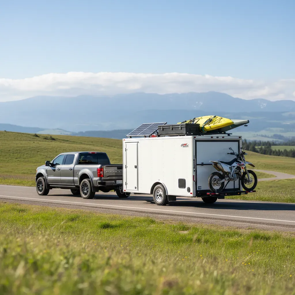 A truck towing a white trailer equipped with a motorcycle and kayak on a scenic road.
