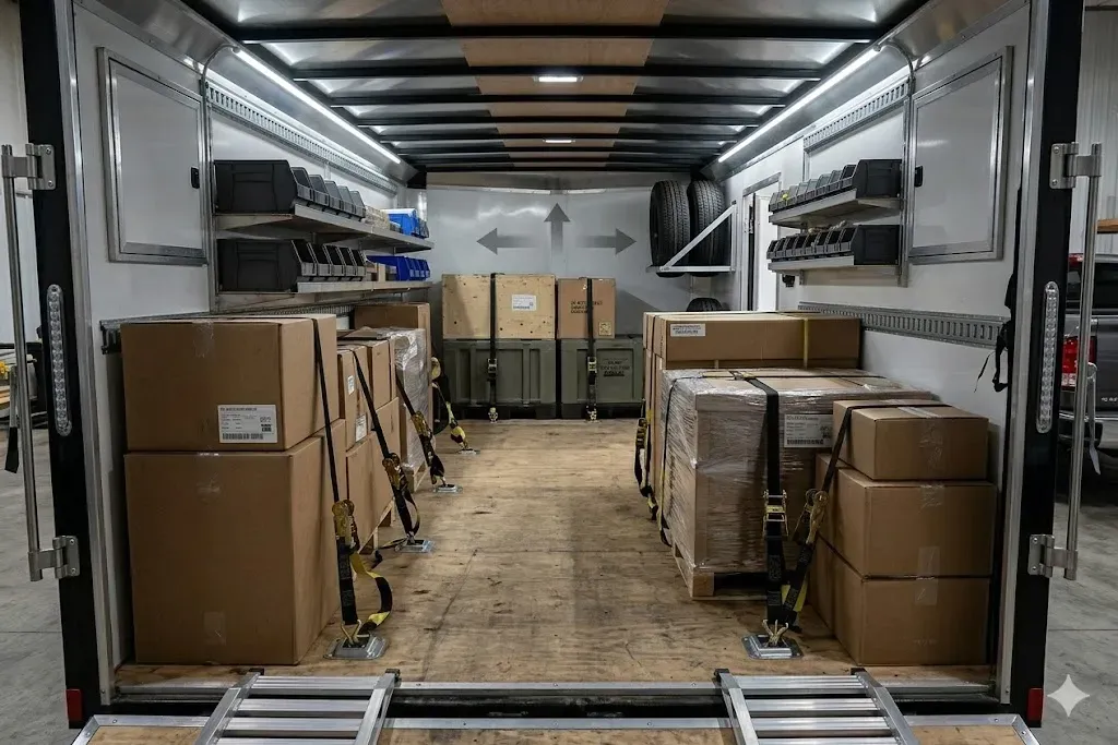 A wide-angle view of the inside of a neatly loaded cargo trailer with boxes and equipment secured by ratchet straps.