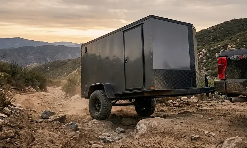 Black off-road cargo trailer on rocky terrain with mountains in the background.