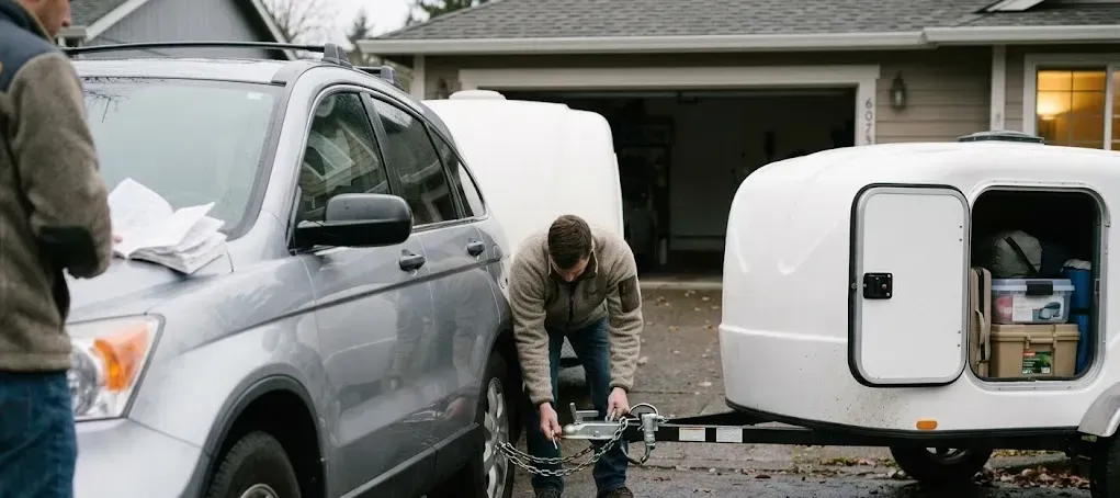 A man attaching an enclosed trailer to a small SUV in a driveway.