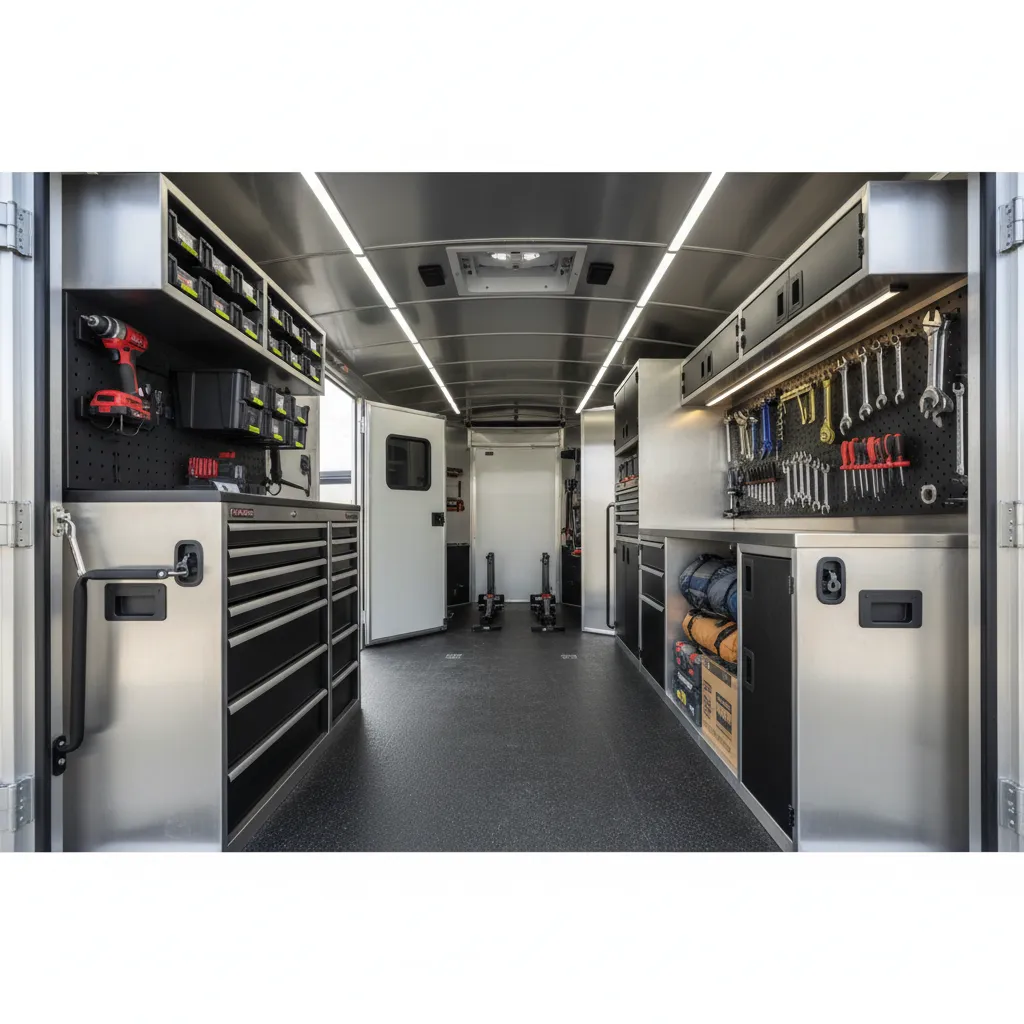 Enclosed trailer interior with black metal drawer cabinets, pegboard wall of wrenches, and overhead LED lighting