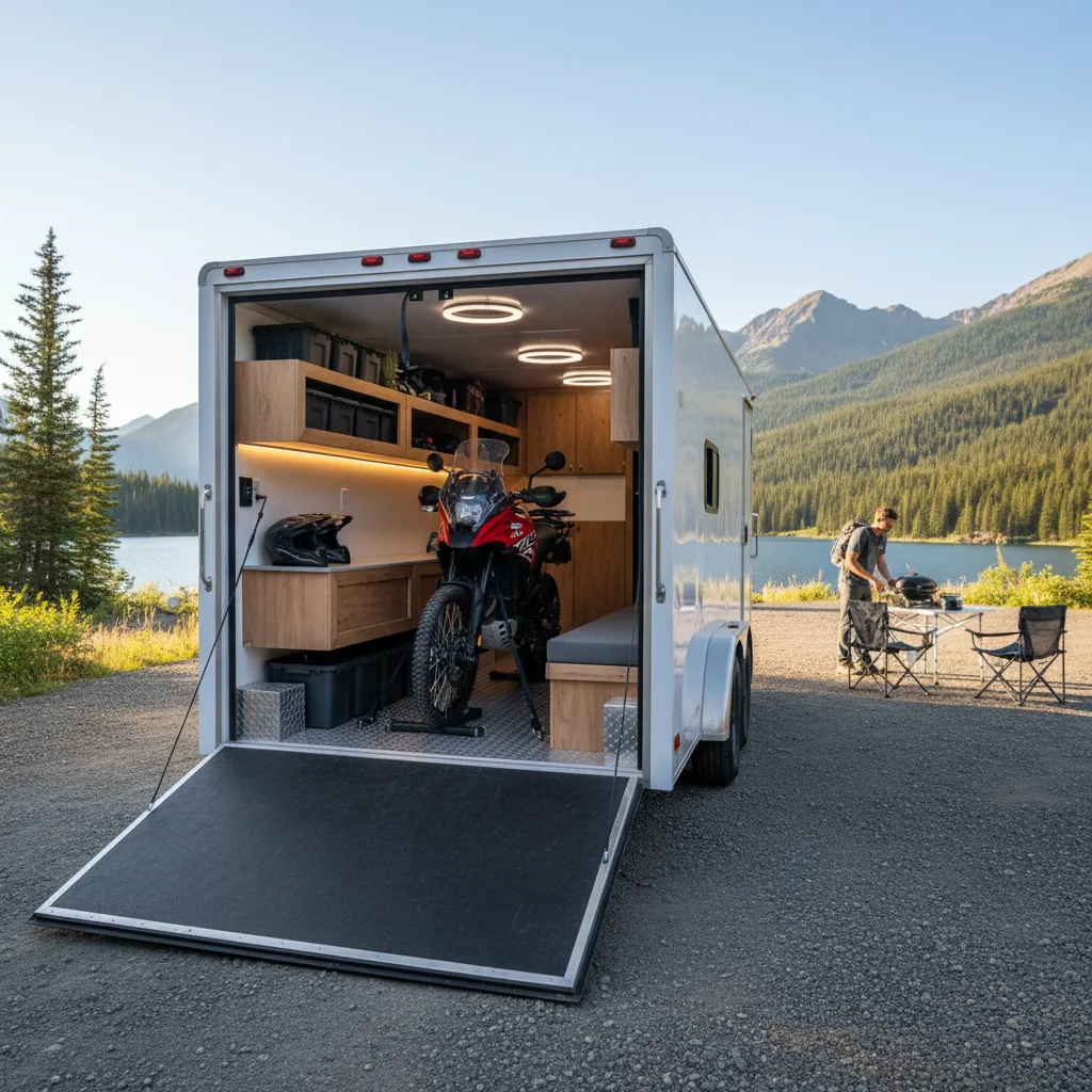 Enclosed toy hauler trailer with ramp down, motorcycle and storage inside, parked by a lake with mountains and man grilling nearby