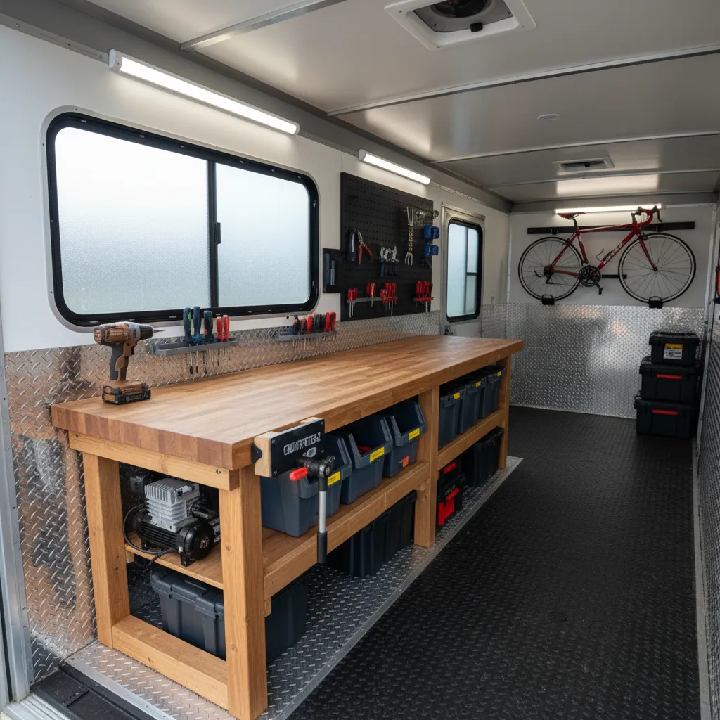 Enclosed trailer interior with wooden workbench, wall-mounted tools, storage bins, and a bicycle hung on the wall