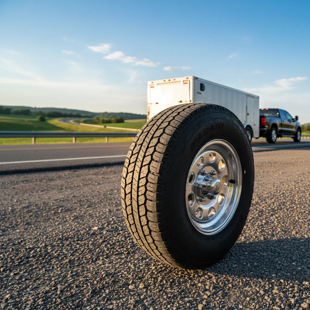 Close-up of trailer tire and rim on roadside with truck towing enclosed cargo trailer in background