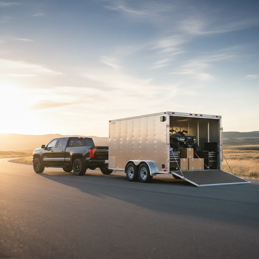 Black pickup truck towing an enclosed cargo trailer with open ramp loaded with an ATV, boxes and toolbox at sunset