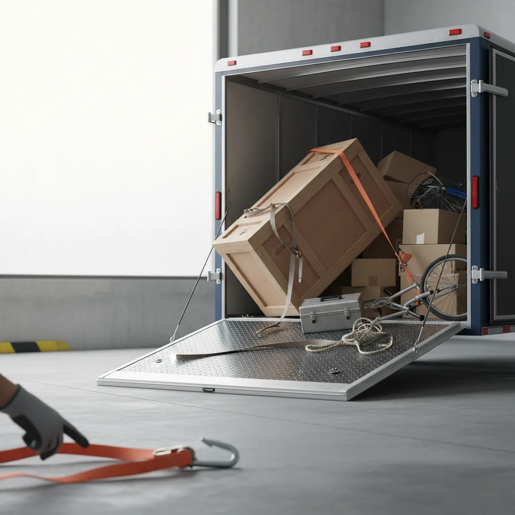 A tilted wooden crate strapped with a single orange ratchet strap sits precariously among boxes and a bike in an open trailer