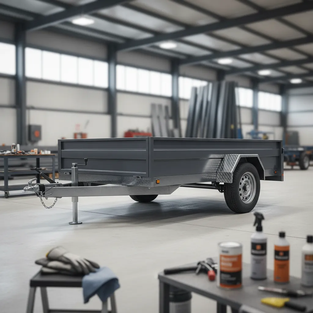 Gray steel utility trailer in a workshop with cleaning supplies and gloves on a table for rust prevention.