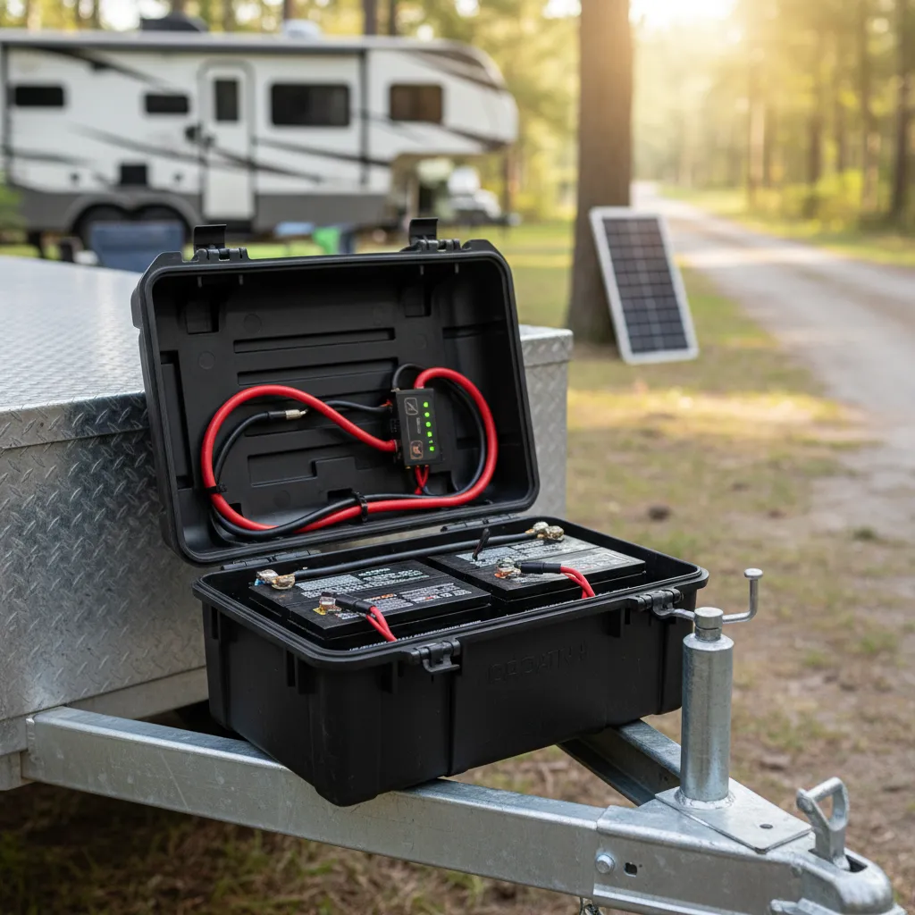 Open black battery box with two batteries, wiring, and charge controller mounted on a trailer tongue near an RV and solar panel