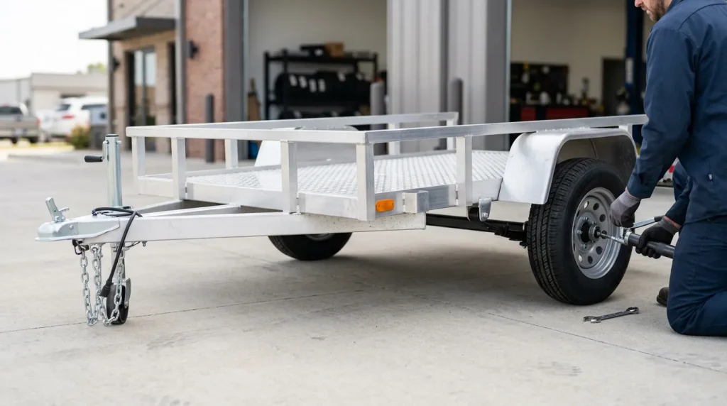 Technician using a wrench to service the wheel hub of an open aluminum utility trailer outside a repair shop