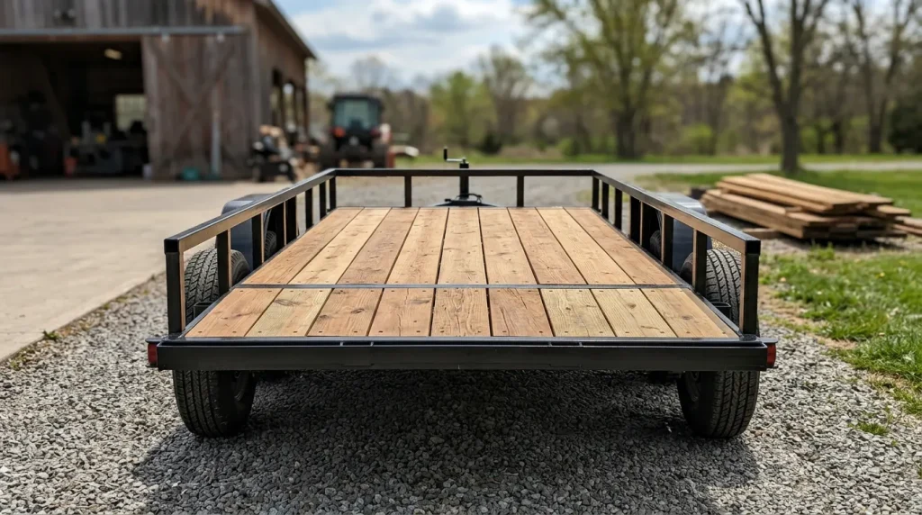 Utility trailer with new wooden plank flooring parked on gravel near a barn